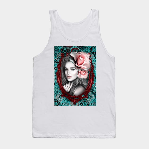 Green and Pinik roses Painting with Beautiful Girl, Vintage Art Digital Artwork Tank Top by Relaxing Art Shop